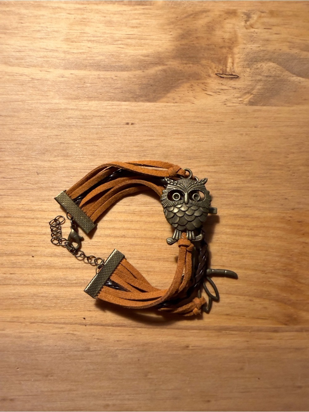 Boho Owl Charm Multistrand Bracelet in Tan Suede